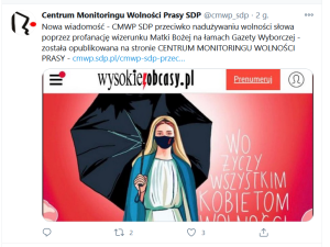 „Prowokacja”, „narusza prawo”. SDP mocno o okładce WO z Matką Boską