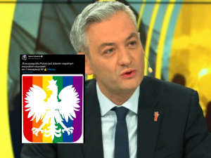 Profanacja. Biedroń prowokuje i publikuje godło Polski na tęczowym tle. Internauci wściekli