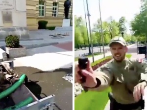 Rolnik wylał gnojówkę przed kancelarią Tuska. Jest nagranie