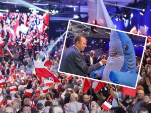 W Łodzi na konwencji Karola Nawrockiego pojawiły się... rekiny