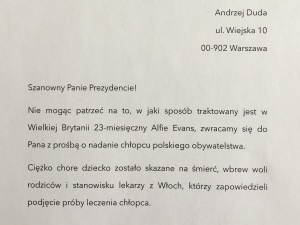 [Aktualizacja] Tygodnik Solidarność pisze petycję do A. Dudy o polskie obywatelstwo dla Alfiego Evansa!