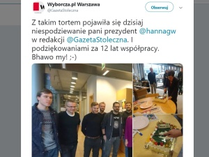 Po co udawać niezależność? HGW w stołecznej redakcji "Wyborczej" z tortem dziękuje za 12 lat współpracy