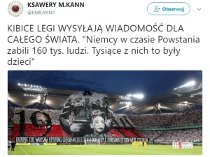 Wiadomość kibiców Legii do całego świata: Niemcy zabili podczas PW 160 tys. ludzi w tym tysiące dzieci
