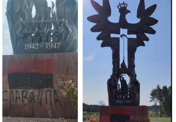 Sława UPA i banderowskie flagi - zdewastowano pomnik „Rzeź Wołyńska” w Domostawie