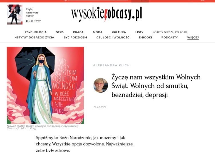 Matka Boska z parasolką i maseczką z czerwoną błyskawicą. Szokująca grafika