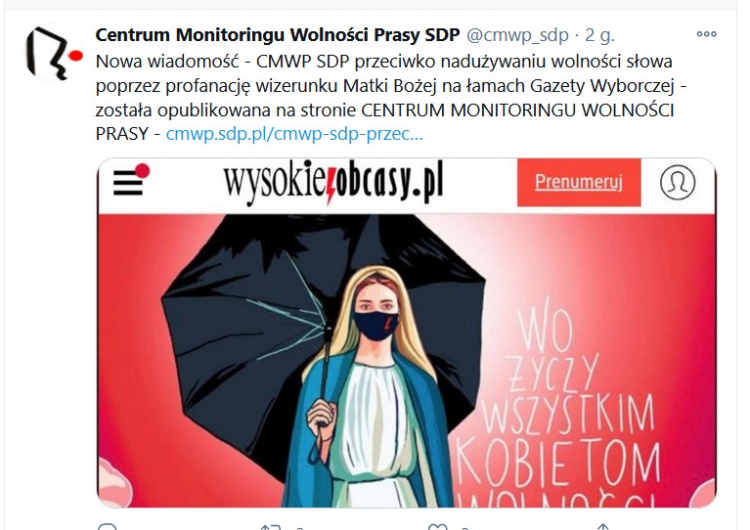 SDP twitter „Prowokacja”, „narusza prawo”. SDP mocno o okładce WO z Matką Boską