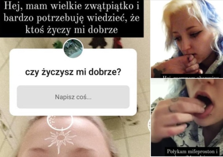 Screeny z konta na Instagramie Lu [Stop Bzdurom] opublikowane w poście Waldemara Krysiaka na Facebooku Komedia czy dramat? „Winna Godek, Kaczyński i Polska”. Lu [Stop Bzdurom] relacjonuje swoją „aborcję” na Instagramie