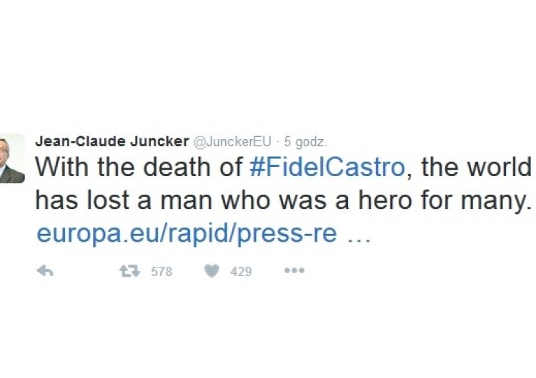 Jean-Claude Juncker o Castro: Świat stracił człowieka, który dla wielu był bohaterem