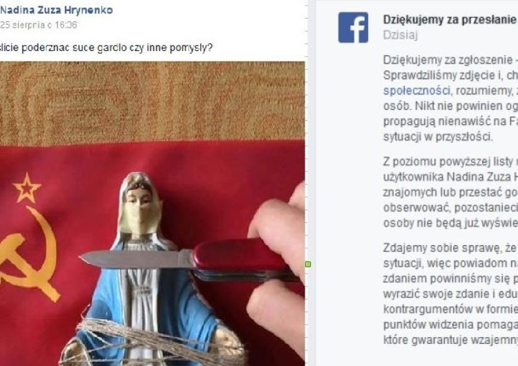 Skandaliczne zdjęcie z Matką Bożą i nienawistny podpis. Jak reaguje Facebook na zgłaszanie takich treści?