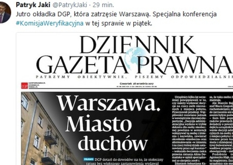 zrzut ekranu Patryk Jaki: Jutro okładka "DGP", która zatrzęsie Warszawą. Specjalna konferencja w piątek