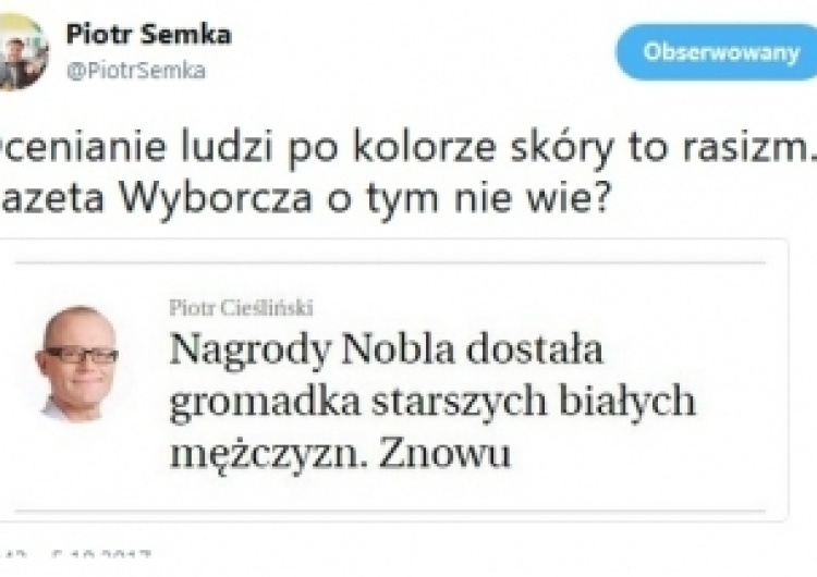 zrzut ekranu "Gazeta Wyborcza" ocenia laureatów Nagrody Nobla pod kątem koloru ich skóry. Komentarze