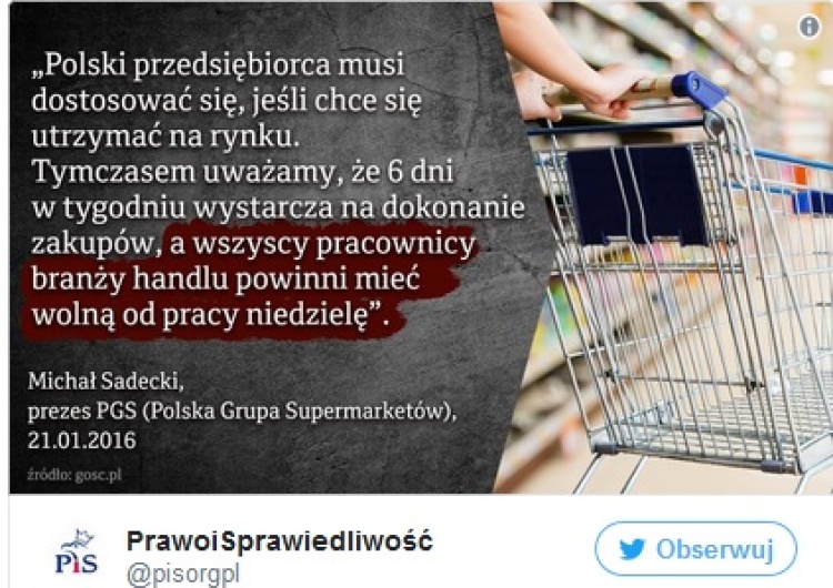 zrzut ekranu PiS: "6 dni to wystarczająco dużo czasu, by zrobić zakupy. Pomyślmy o pracownikach sklepów"