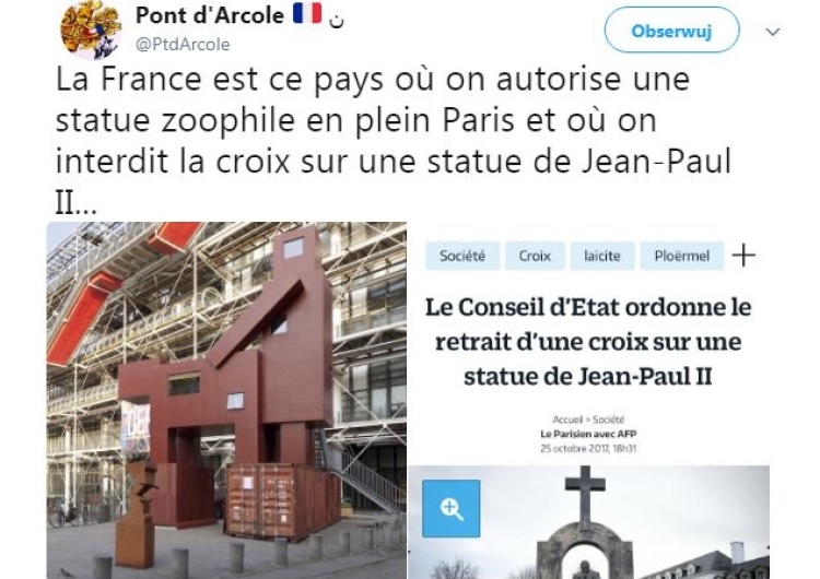 Francja: Sąd nakazał usunąć krzyż z pomnika Jana Pawła II. "Pomnik ma charakter ostentacyjny"