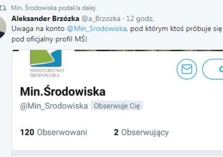  Rzecznik Ministerstwa Środowiska ostrzega przed fejkowym kontem ministerstwa na Twitterze