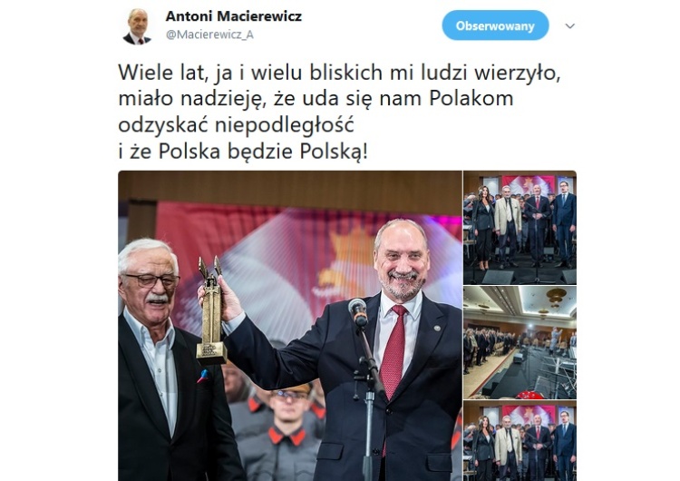 zrzut ekranu Fundacja Jana Pietrzaka przyznała nagrodę Antoniemu Macierewiczowi - za „niezłomną wiarę w Polskę"