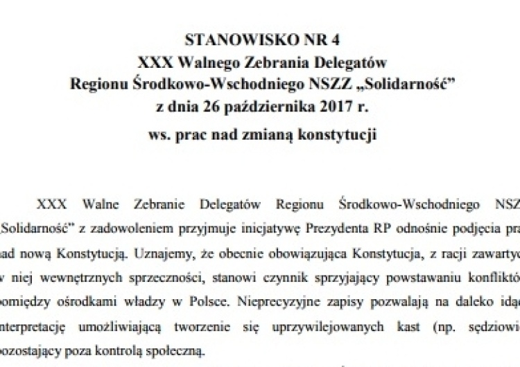 Stanowiska podjęte podczas XXX Walnego Zebrania Delegatów Regionu Środkowo-Wschodniego NSZZ „Solidarność”