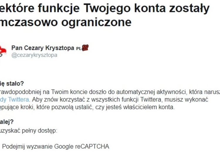 Twitterowy profil Cezarego Krysztopy ponownie zablokowany