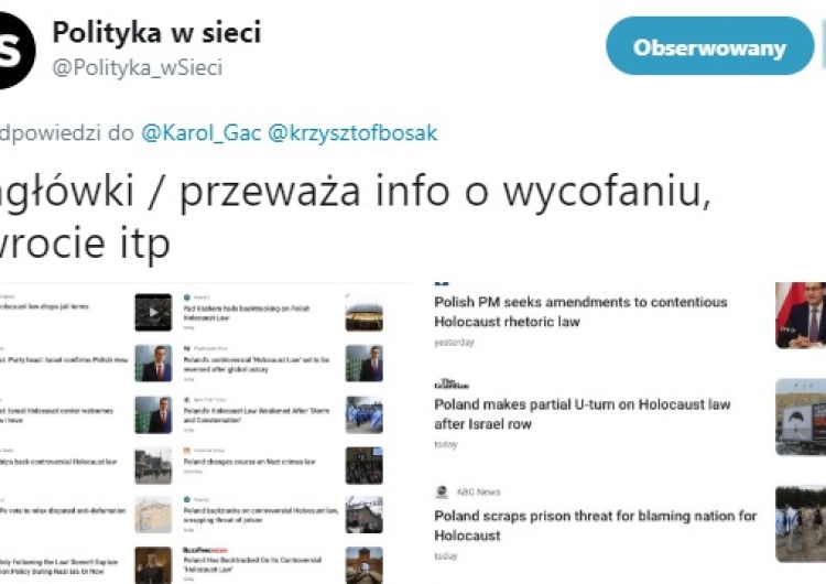  Polityka w Sieci o nowelizacji ustawy o IPN w światowych mediach: Przeważa info o wycofaniu, zwrocie