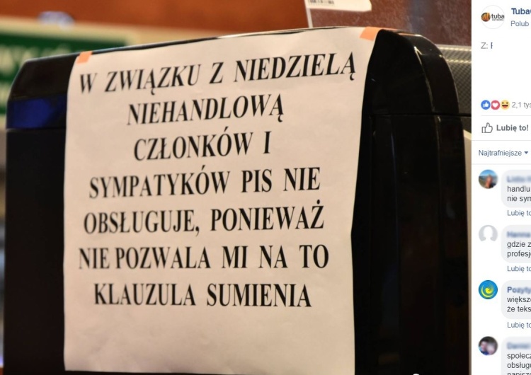  "W związku z niedzielą niehandlową sympatyków PiS nie obsługuję". Skandaliczna akcja w sklepie w Ostrowie