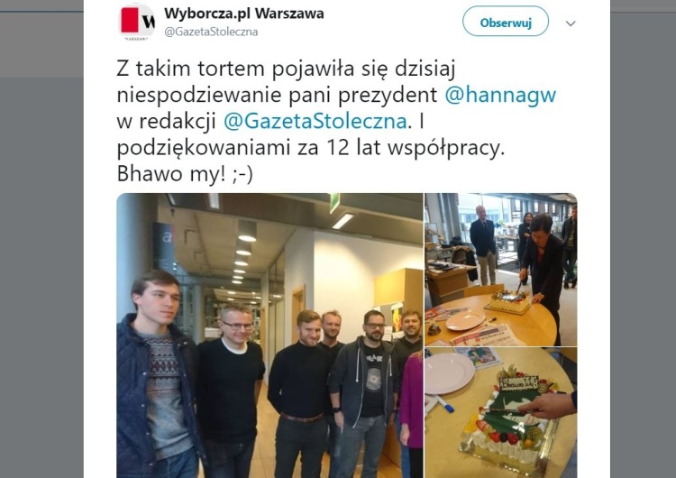 Po co udawać niezależność? HGW w stołecznej redakcji "Wyborczej" z tortem dziękuje za 12 lat współpracy