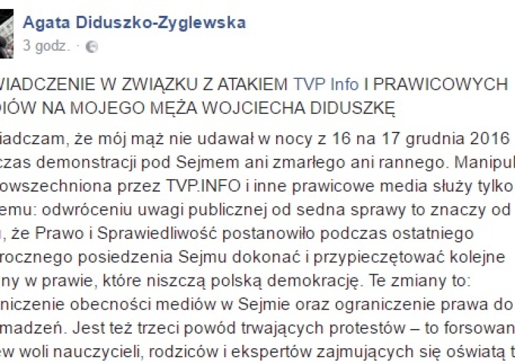 Agata Diduszko, żona kładącego się obok petardy Wojciecha Diduszko: Położył się w ramach protestu...