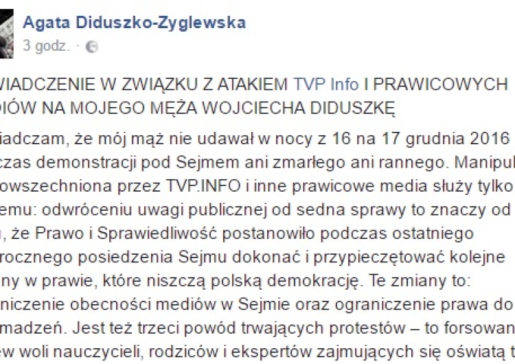  Agata Diduszko, żona kładącego się obok petardy Wojciecha Diduszko: Położył się w ramach protestu...