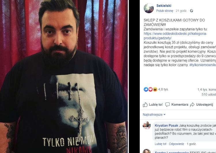 Sekielski reklamuje koszulki "Tylko nie mów nikomu". Komentarze - "jprdl", "wszystko na sprzedaż..."