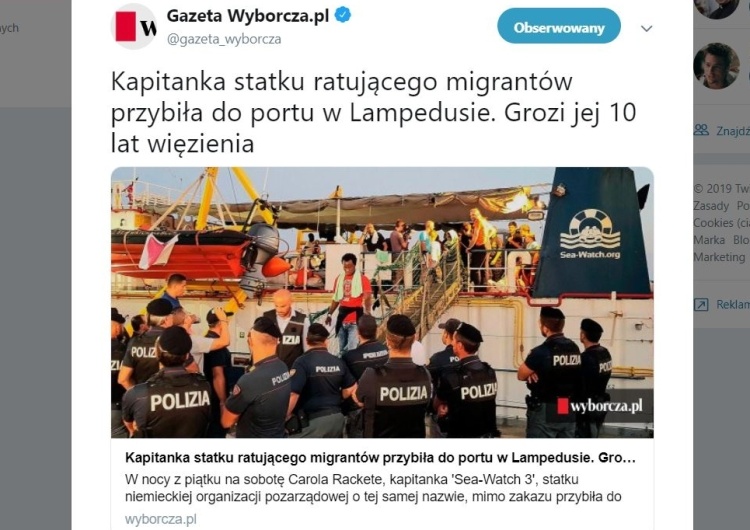 "Kapitanka statku ratującego migrantów..." Kuriozalny tytuł w publikacji "Wyborczej"