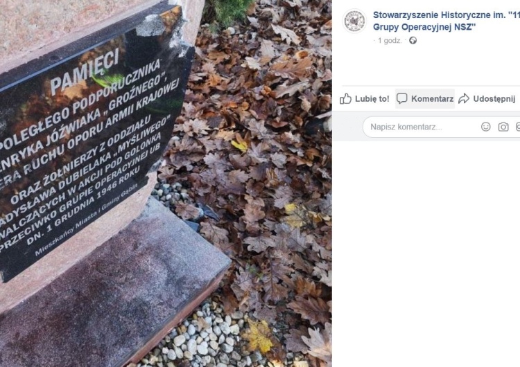  "Trzecie pokolenie UB". Zniszczono tablicę upamiętniającą żołnierza AK - ppor. H. Jóźwiaka ps. "Groźny" 