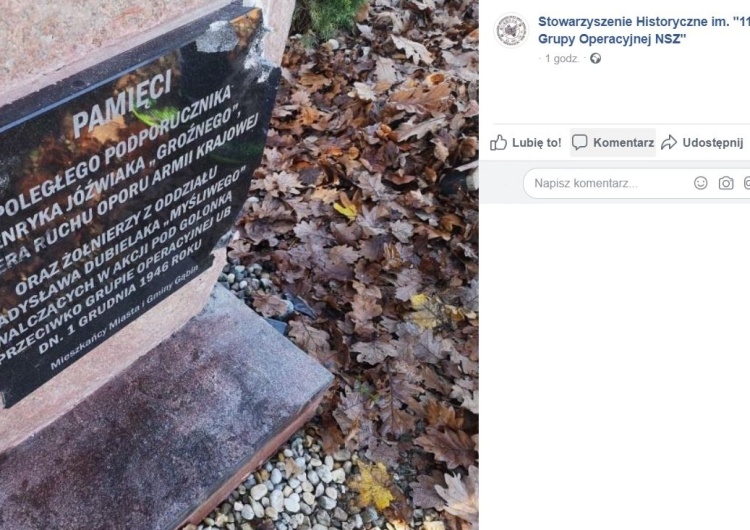 "Trzecie pokolenie UB". Zniszczono tablicę upamiętniającą żołnierza AK - ppor. H. Jóźwiaka ps. "Groźny"