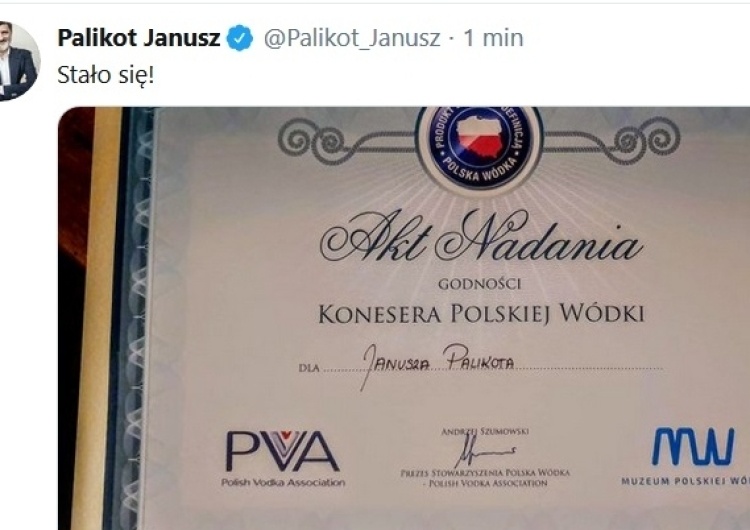 Twitter/Janusz Palikot Chciał być prezydentem, został... Koneserem Polskiej Wódki