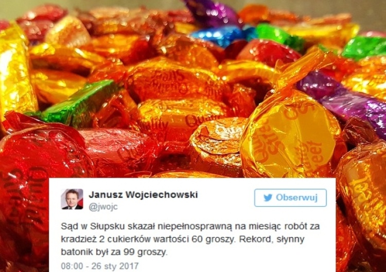 Rekord: Sąd w Słupsku skazał niepełnosprawną na miesiąc robót za kradzież 2 cukierków wartości 60 groszy