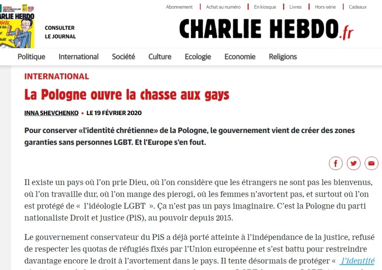 Charlie Hebdo: "Polska rozpoczyna polowanie na gejów. Rząd stworzył strefy wolne od LGBT"