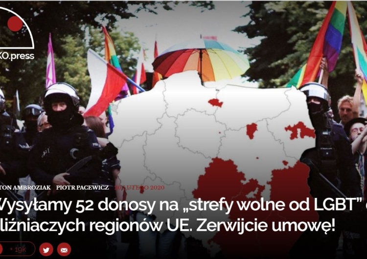 Oko.press zaapelowało do 52 regionów UE o zawieszenie współpracy z polskimi samorządami. Chodzi o LGBT