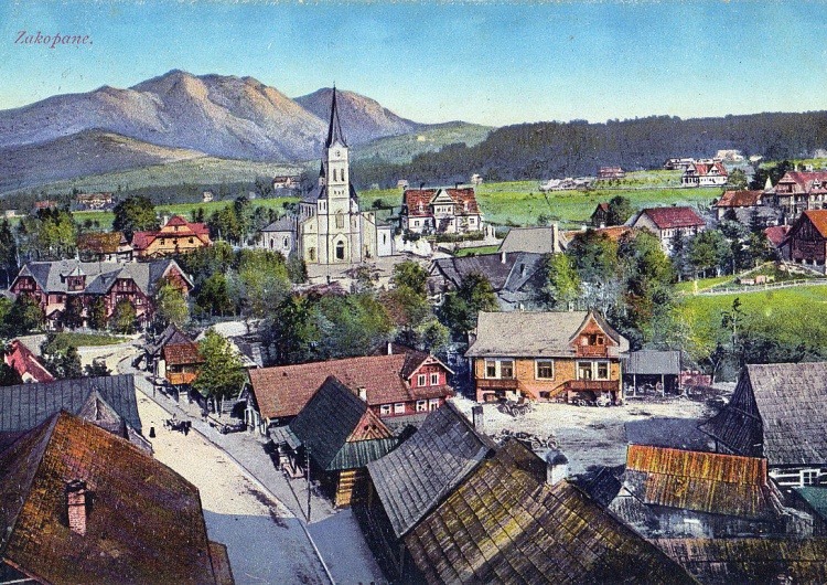 Zakopane. Widok ogólny. Pocztówka wysłana w 1916 roku. Wydawca: Wydawnictwo Salonu Malarzy Polskich w Krakowie. [Felieton "TS"] Cezary Krysztopa: Zakopane, Zakopane