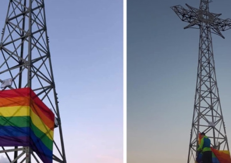Screen Nie uznają żadnych świętości! Aktywiści LGBT zawiesili tęczową flagę na krzyżu na Giewoncie
