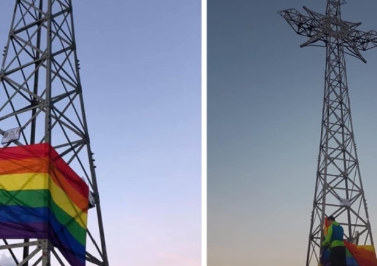 Screen Nie uznają żadnych świętości! Aktywiści LGBT zawiesili tęczową flagę na krzyżu na Giewoncie