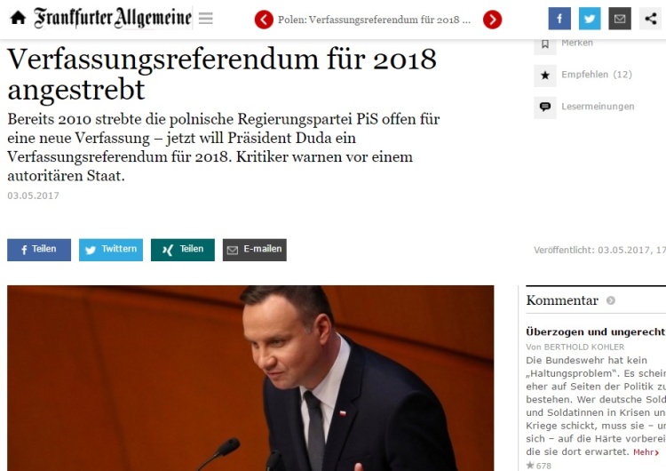 Panic: FAZ o referendum w/s nowej polskiej konstytucji: Krytycy ostrzegają przed "państwem autorytarnym"