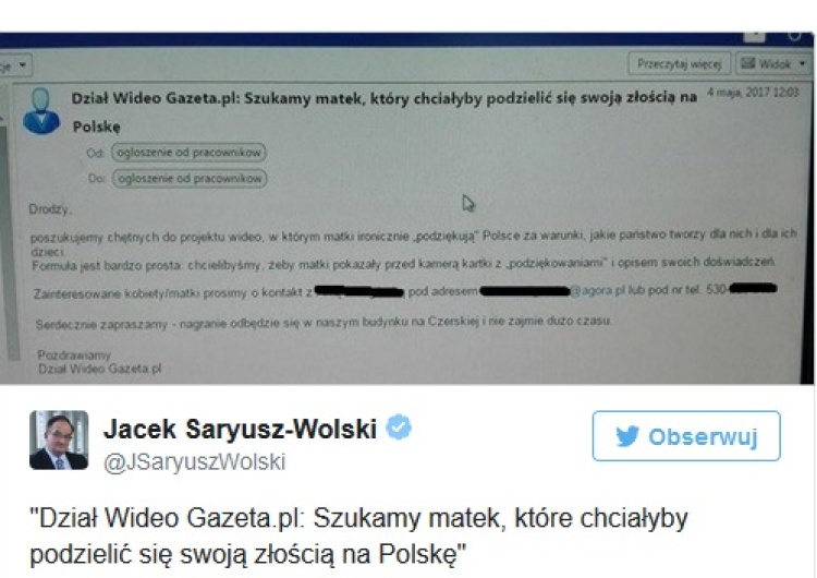 zrzut ekranu Agora szukała matek rozzłoszczonych na Polskę. "Oni tak chcą Polskę pokazywać. Mam mdłości"