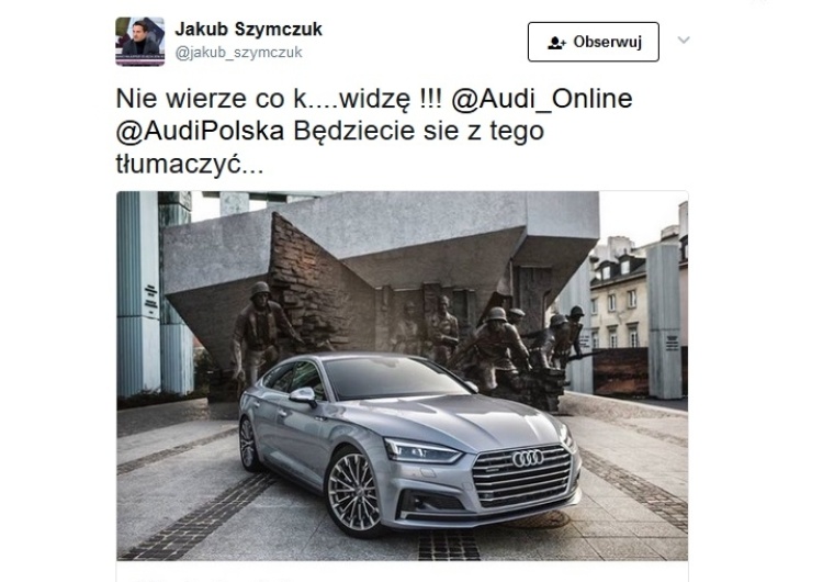 zrzut ekranu Audi reklamuje się na tle Pomnika Powstania Warszawskiego. "Typowa szwabska wrażliwość"