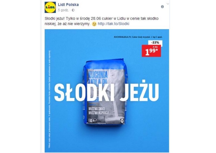 zrzut ekranu Niemiecki Lidl drwi z religii? Sklep reklamuje cukier hasłem "Słodki jeżu"