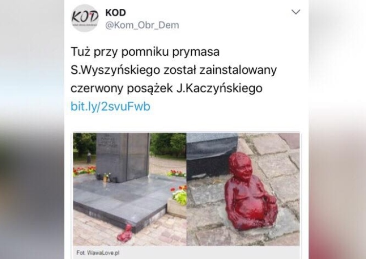 Prowokacja przy pomniku ks. kard. Stefana Wyszyńskiego, zamontowano posążek Jarosława Kaczyńskiego