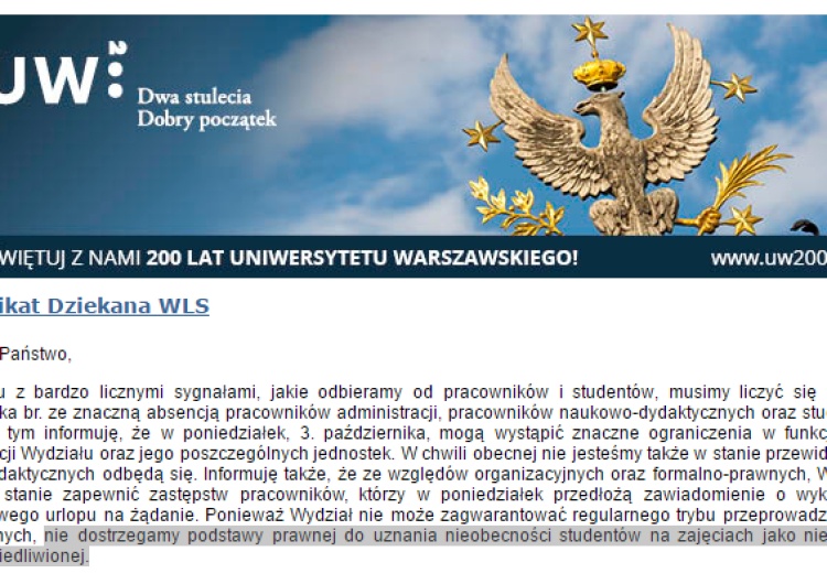 Wydział UW zapewnia studentów, że nie wyciągnie konsekwencji za udział w "czarnym poniedziałku"