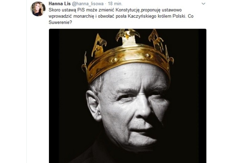 zrzut ekranu Żona Tomasza Lisa: Proponuję ustawowo wprowadzić monarchię i obwołać posła Kaczyńskiego królem Polski