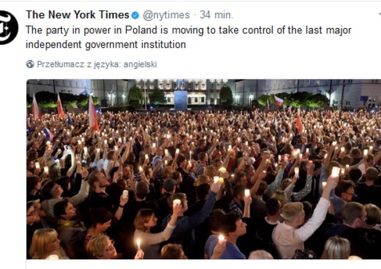 zrzut ekranu New York Times: Partia rządząca w Polsce chce przejąć kontrolę nad ostatnią niezależną instytucją
