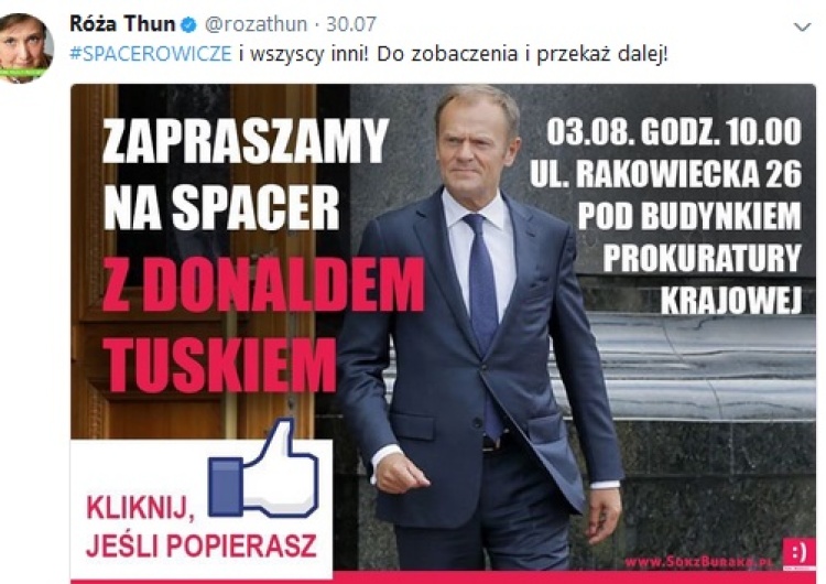 zrzut ekranu Róża Thun zaprasza na "spacer z Donaldem Tuskiem". "Z Tuskiem nawet na Rakowiecką!!!"