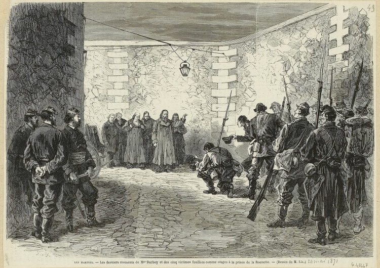 Rycina opublikowana w Le Monde Illustré, wykorzystująca fotomontaż Eugène'a Apperta przedstawiający egzekucję zakładników komuny paryskiej w więzieniu La Roquette W sobotę beatyfikacja ofiar Komuny Paryskiej