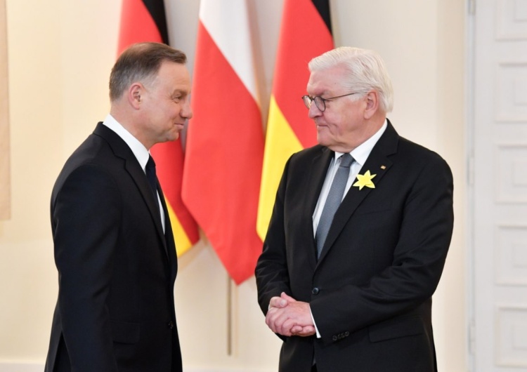 Warszawa, 19.04.2023. Prezydent Andrzej Duda oraz prezydent Republiki Federalnej Niemiec Frank-Walter Steinmeier Prezydent Niemiec otrzymał raport ws. reparacji. Wicepremier ujawnił, jak zareagował