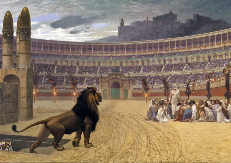 Ostatnia modlitwa chrześcijańskich męczenników Jean-Léon Gérôme (1883) Archeologowie odkryli arenę, na której Rzymianie mieli zabijać pierwszych chrześcijan