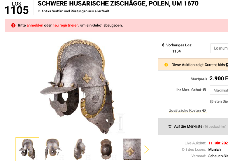 Szyszak husarski Husarski hełm, buława, obrazy. Polskie artefakty na aukcji w Niemczech